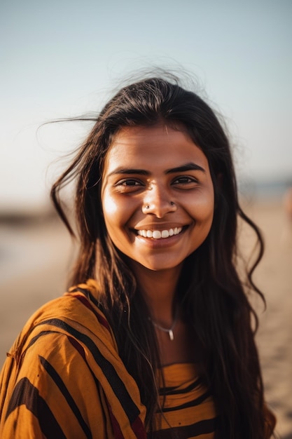 A woman on a beach wearing a yellow top and a yellow top smiles at the camera.