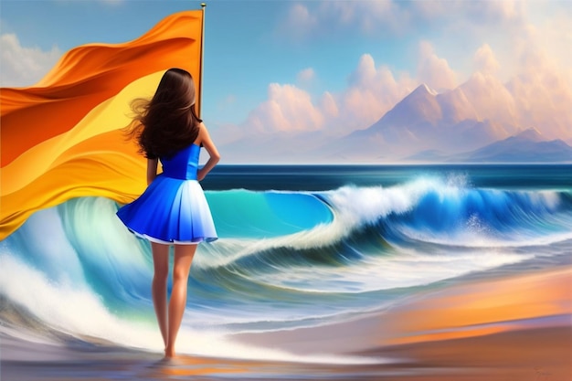 A woman on the beach with a flag