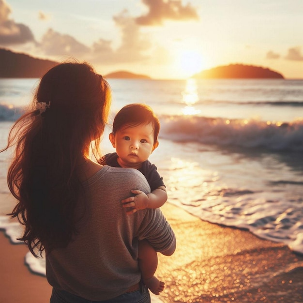 Woman at the beach with her baby enjoying the sunset