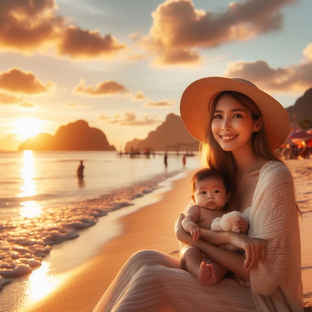 Woman at the beach with her baby enjoying the sunset