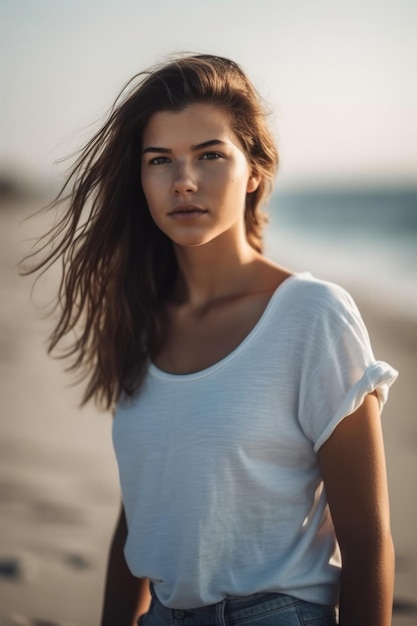 Woman on the beach with the sea in the background