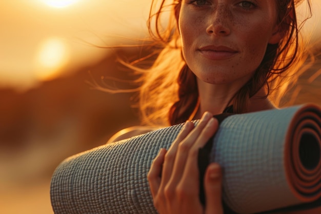 Photo a woman on the beach with a yoga mat during a peaceful sunset embodying serenity and tranquility aig58