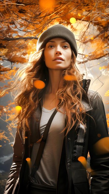 A woman in a beanie and outdoor jacket stands in a forest with autumn leaves looking up with a serene expression