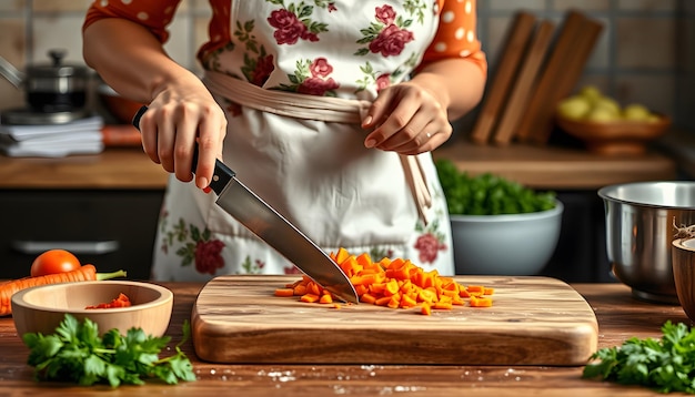 A woman in a beautiful apron is dicing carrots with a knife on a wooden chopping board Cooking in