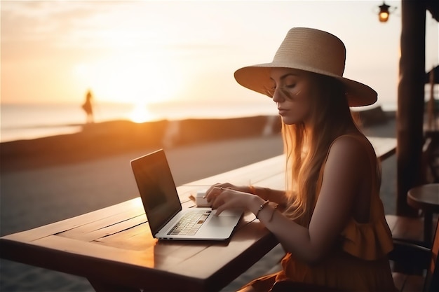 Woman on a beautiful beach working on her computer The clear blue sky golden sand