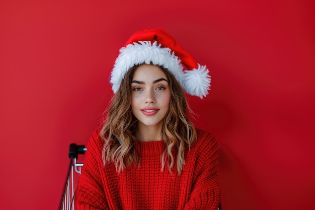 Photo woman beautiful young wearing red clothes with santa hat christmas holding shopping cart