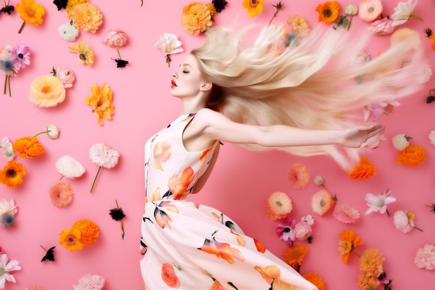 Woman beauty art flying peony colorful fashion spring nature flower falling Generative AI