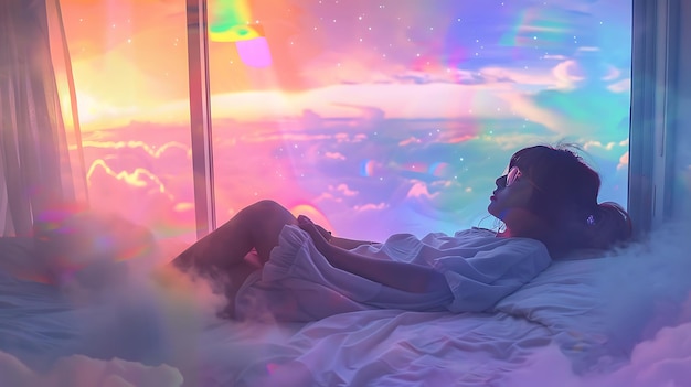 Photo woman in bed looking out window at a dreamy sky