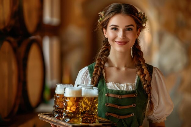 Photo woman in beer fest costume with smile and bright eyes holding a tray with large glasses of beer