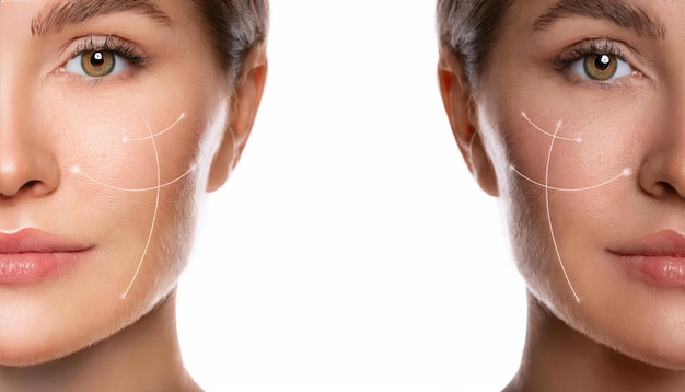 Woman Before and After Cosmetology Procedure Zoomed Area Highlighting Problem Areas