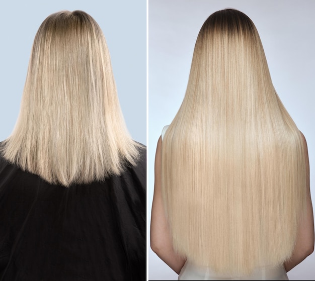 Woman before after hair extensions Back view