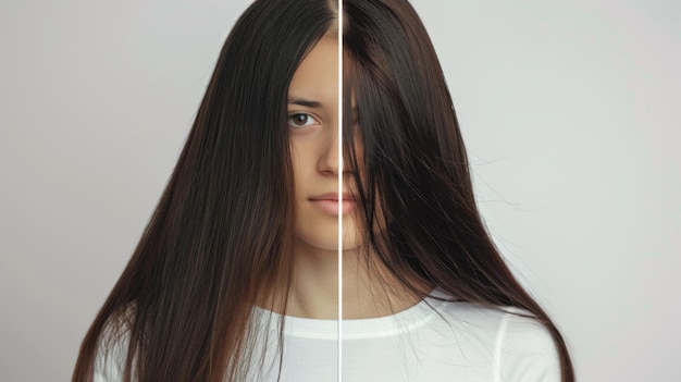 Photo woman before and after hair treatment professional salon hair care extension soil treatment