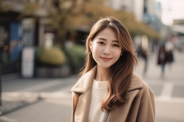 A woman in a beige coat smiles at the camera.