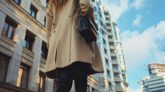 A woman in a beige coat walks through a city