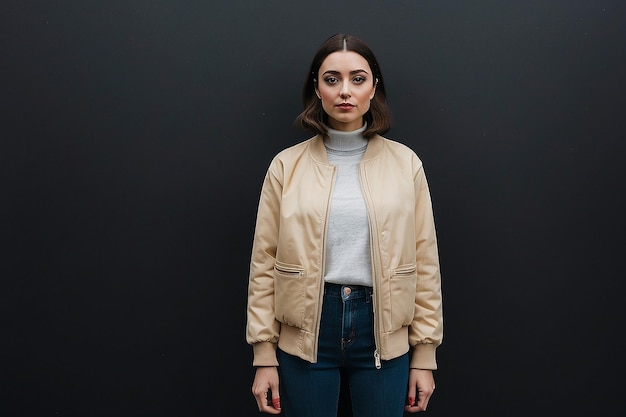 Photo a woman in a beige jacket stands in front of a black wall