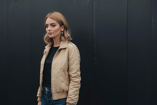 Photo a woman in a beige jacket stands in front of a black wall