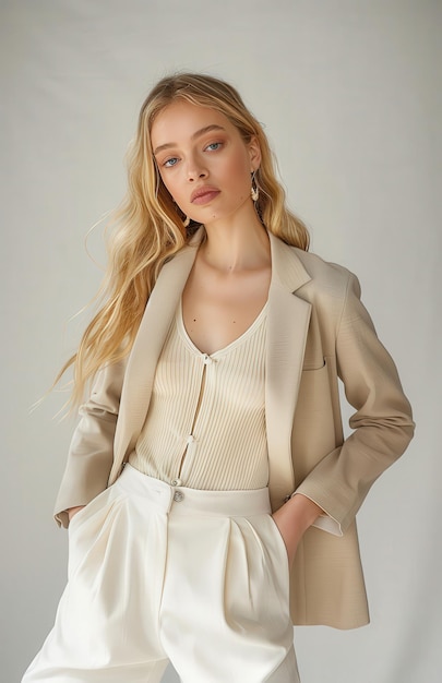 a woman in a beige jacket and white pants