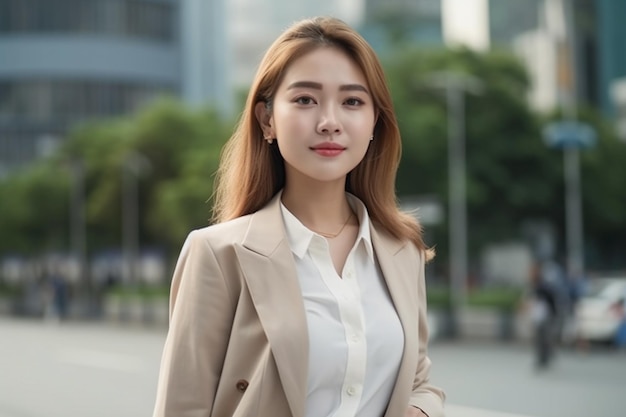 A woman in a beige suit stands in the street.