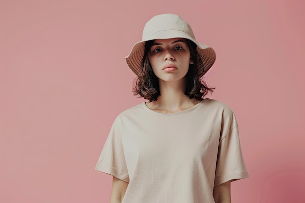 Photo woman in beige tshirt dress and bucket hat casual wear apparel