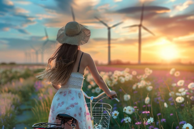 Woman on Bicycle in Meadow with Windmills at Sunset