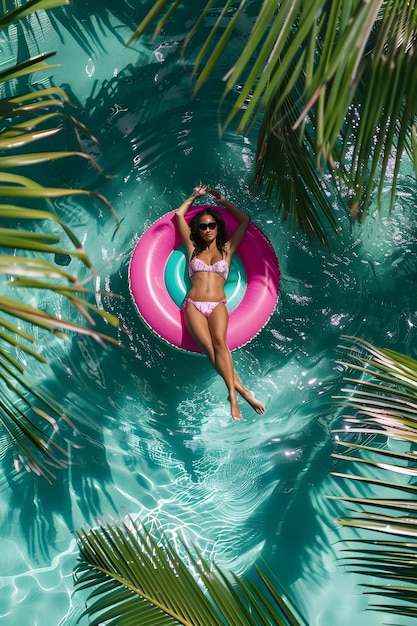 a woman in a bikini is floating in the water