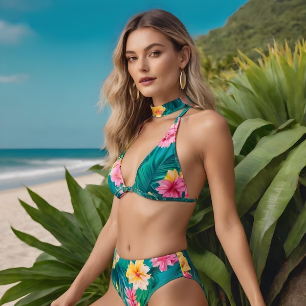 Photo a woman in a bikini stands on a beach with palm trees