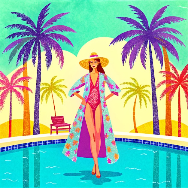 Photo a woman in a bikini stands in a pool with palm trees