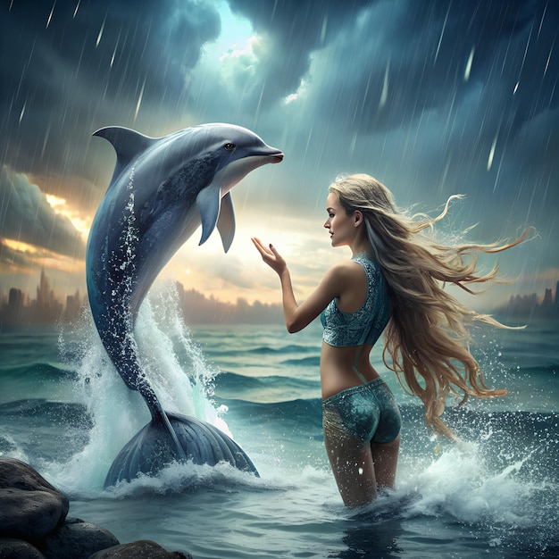 a woman in a bikini stands in the water with a dolphin