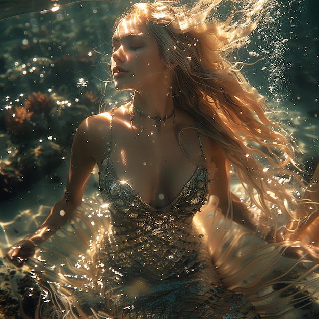 a woman in a bikini swims under water with the word  on it