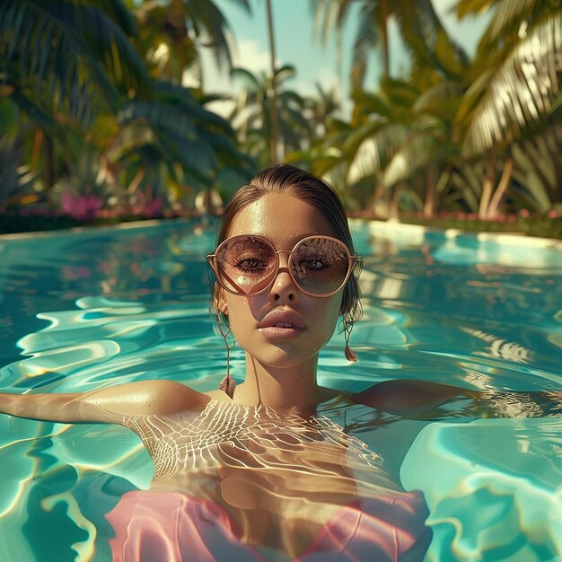 a woman in a bikini swimsuit is laying in a pool with flowers