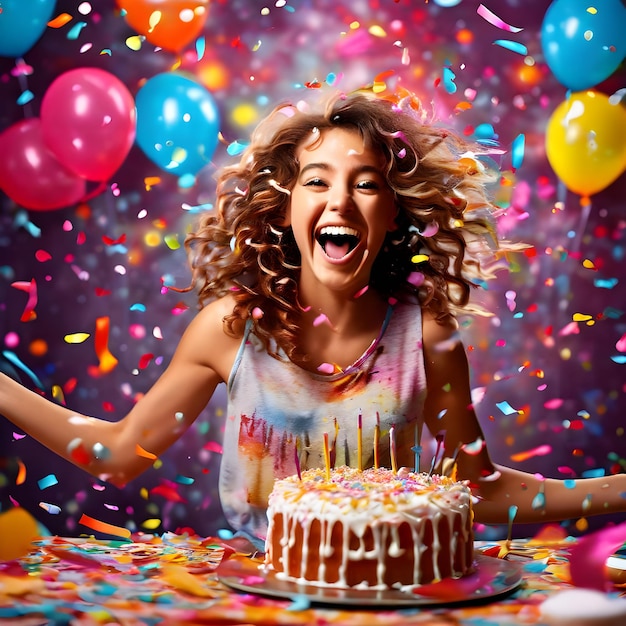 a woman in a birthday shirt is celebrating her birthday with a birthday cake