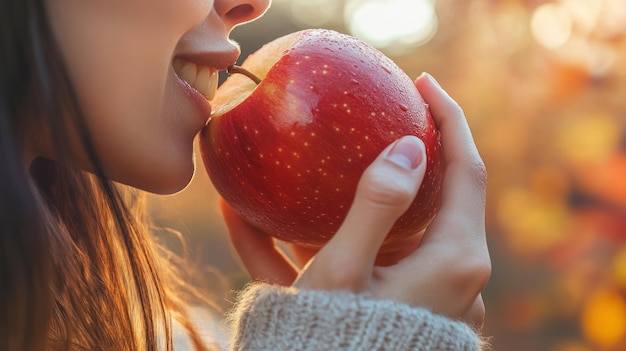 Photo woman bites into a red apple