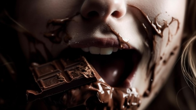 Woman biting chocolate extreme close up