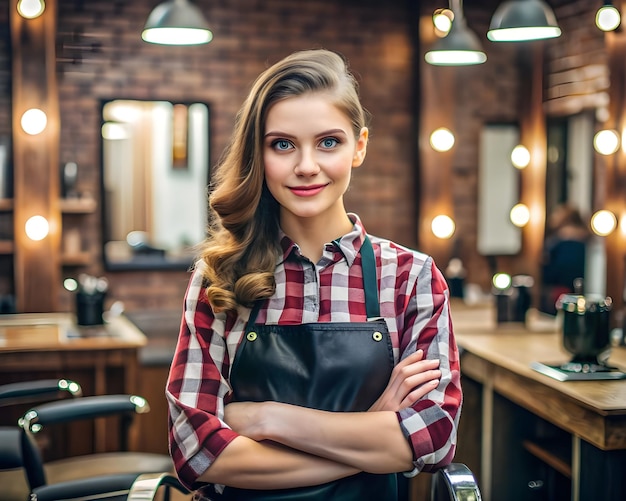 a woman in a black apron stands in front of a counter with her arms crossed