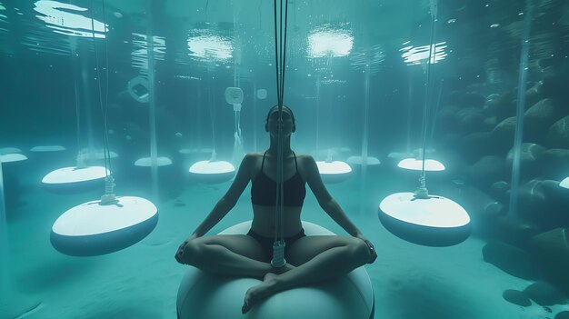 Photo woman in a black bikini meditates in a pool of turquoise water surrounded by floating platforms