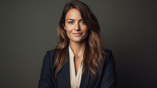 A woman in a black blazer stands in front of a dark background.