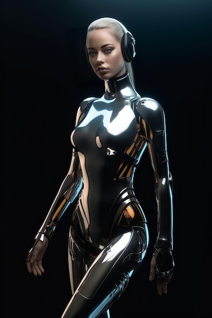 A woman in a black cat suit with a black helmet on her head.