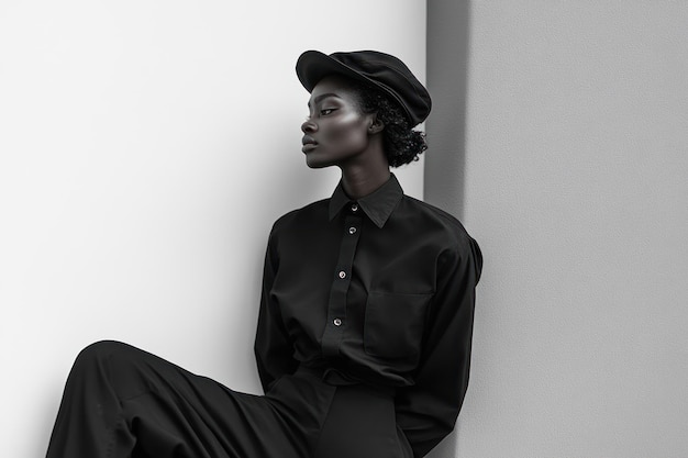 Photo a woman in black clothing leans against a wall