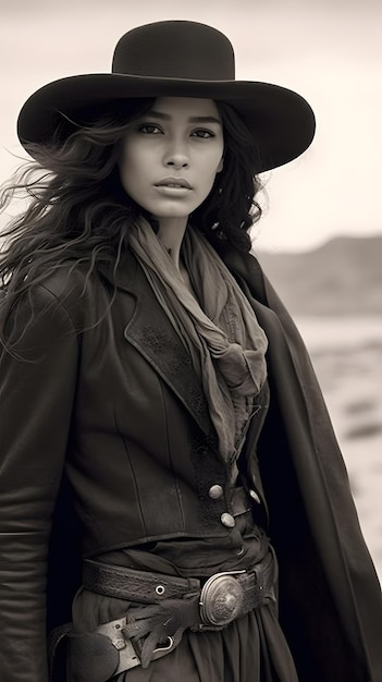 A woman in a black coat and hat stands in the desert.