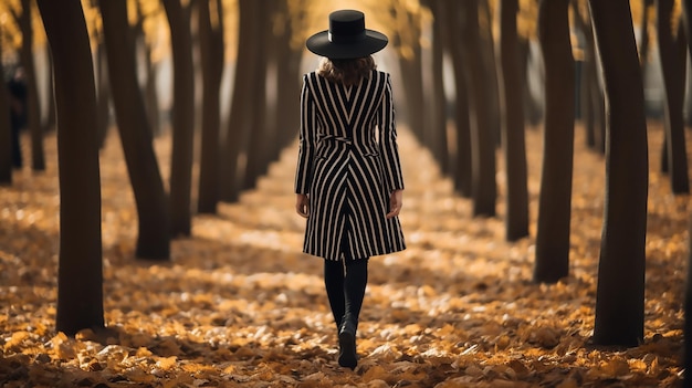 a woman in a black coat hat and striped tights walking through leaves Beauty fashion collection