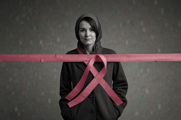 Photo a woman in a black coat with a red ribbon around her neck