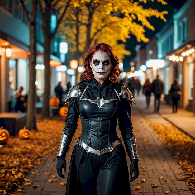 Photo a woman in a black costume stands in a street with pumpkins