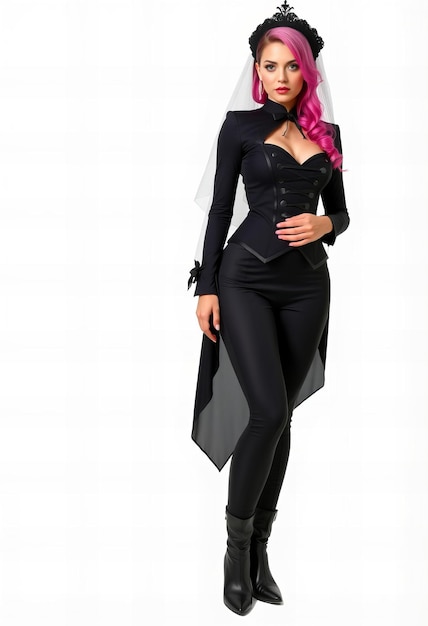 Photo a woman in a black costume with pink and purple hair