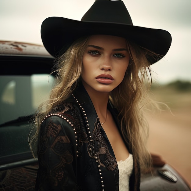 a woman in a black cowboy hat stands in front of a car with a black hat and a black cowboy hat.