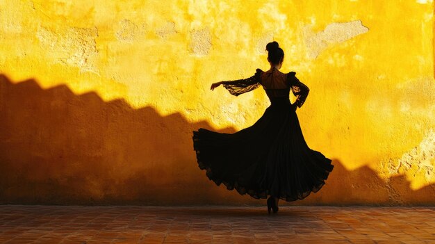 Photo woman in black dress dances gracefully against yellow wall shadows create dramatic contrast