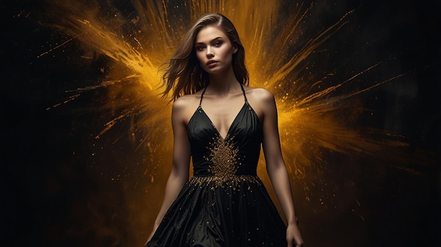 A woman in a black dress and gold glitter yellow and black background