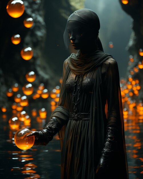 A woman in a black dress holding a glowing ball in carve