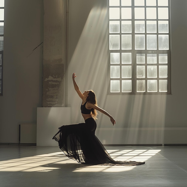 a woman in a black dress is dancing in front of a window with the sun shining through the window