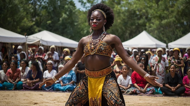 a woman in a black dress is dancing with a red and yellow flag behind her