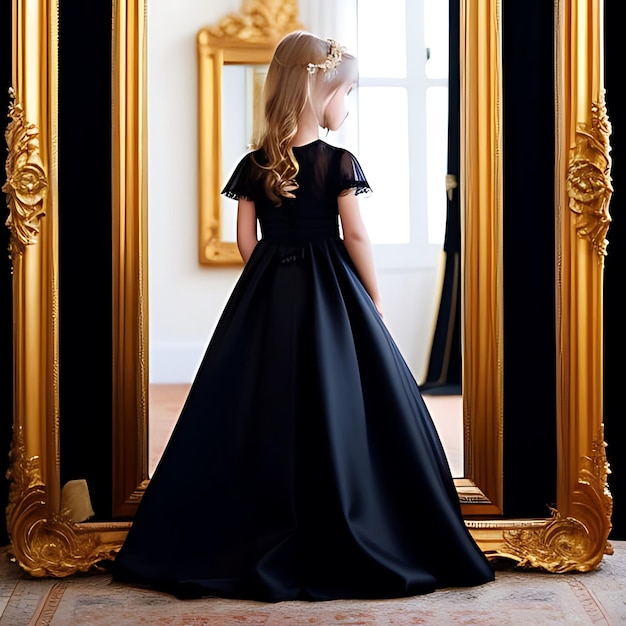 a woman in a black dress is looking into a mirror